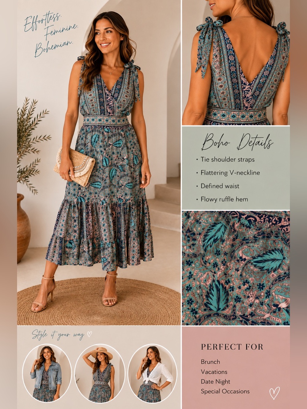 Creme Boheme Paisley Floral Tie Shoulder Ruffle Midi Dress Teal Blue Size S NWO